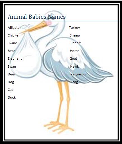 Written Baby Shower Games Race Up The Baby Animals Names