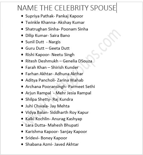 Paper Party Games For Ladies Kitty : Guess The Bollywood Celebrity Spouse