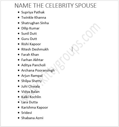 Paper Party Games For Ladies Kitty : Guess The Bollywood Celebrity Spouse