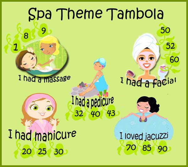 spa theme tambola game for kitty party with numbers